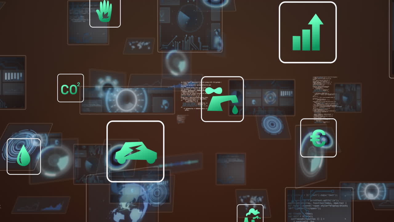 animación de iconos ecológicos y procesamiento de datos