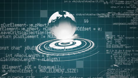 Data scrolling and globe rotating on blue background