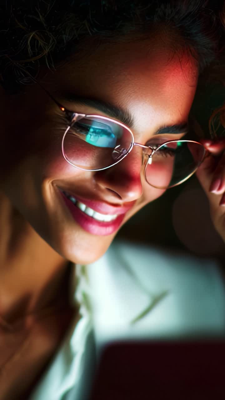 A smiling woman with glasses gazes intently at her device in a warmly lit environment, capturing a moment of joy and engagement with technology at night