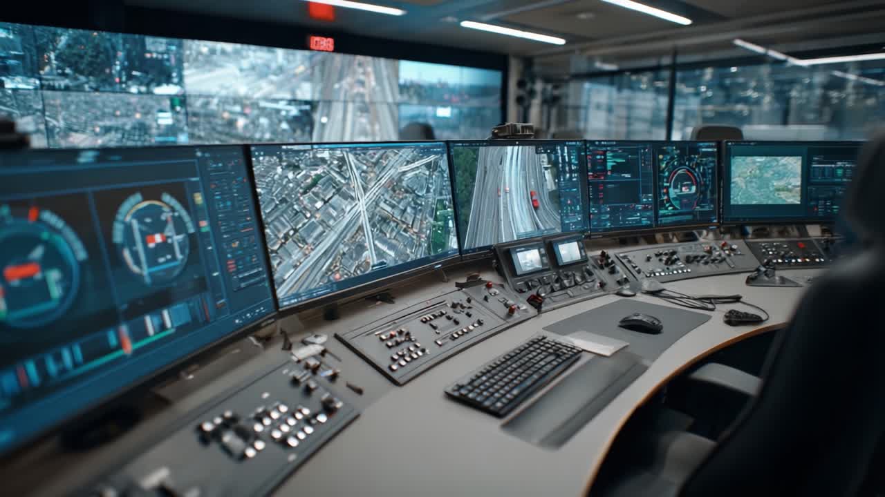 Sala di controllo ad alta tecnologia con schermi digitali che monitorano il traffico cittadino e le infrastrutture in un moderno ambiente urbano.