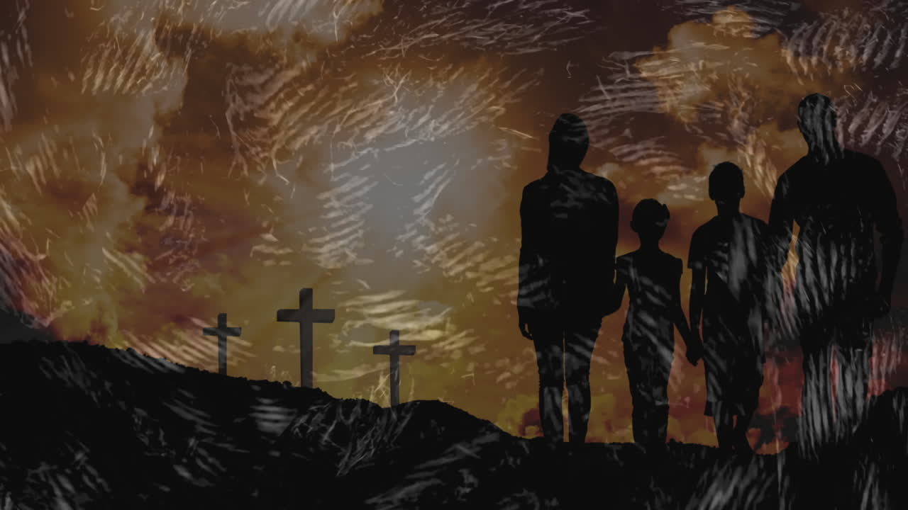 Under dramatic sky with swirling patterns, family standing near crosses, animation