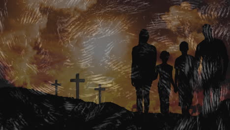 under dramatic sky with swirling patterns, family standing near crosses, animation