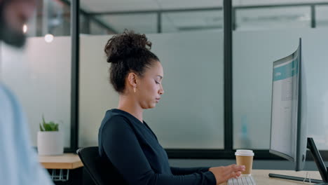 computer, office and business woman reading a blog