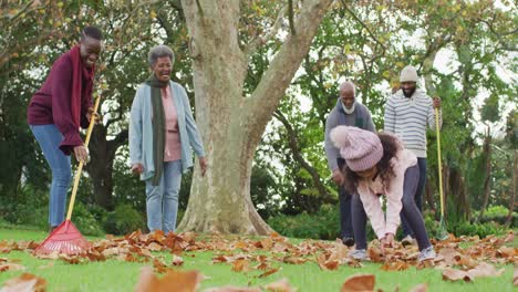 video of happy african american parents and daughter collecting leaves with grandparents in garden