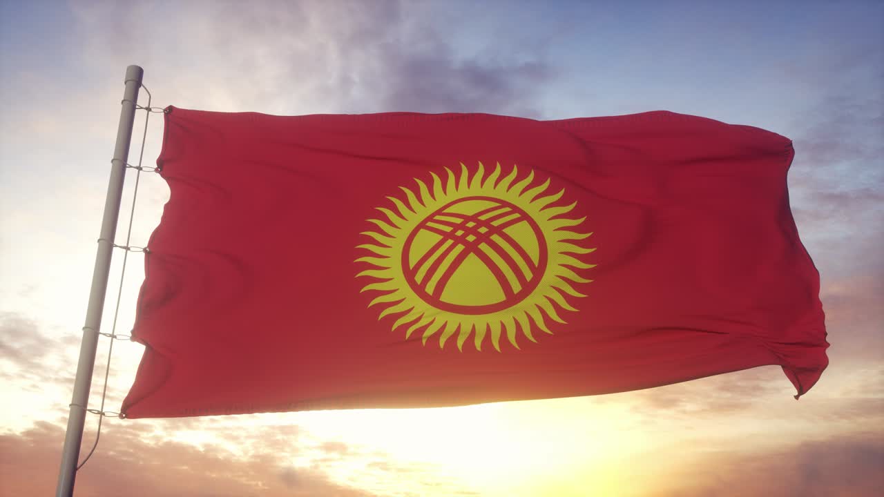 bandera de kirguistán ondeando en el viento, el cielo y el sol de fondo