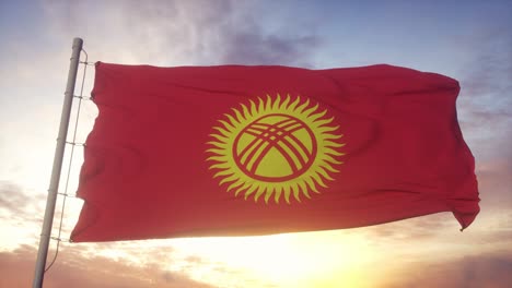 kyrgyzstan flag waving in the wind, sky and sun background