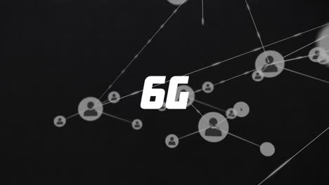 animation of network of connections with icons and 6g text, data processing