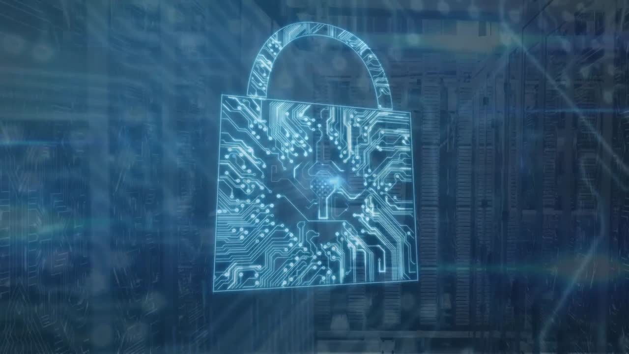 Animation of padlock and data processing over computer servers