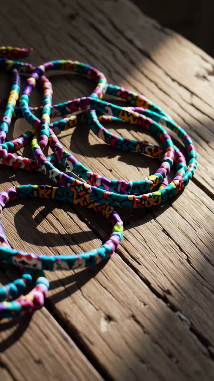 Colorful Beaded Bracelets on Wooden Table