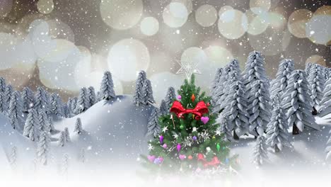 Animation-of-decorated-christmas-tree-and-snow-falling-with-defocussed-lights-and-winter-landscape