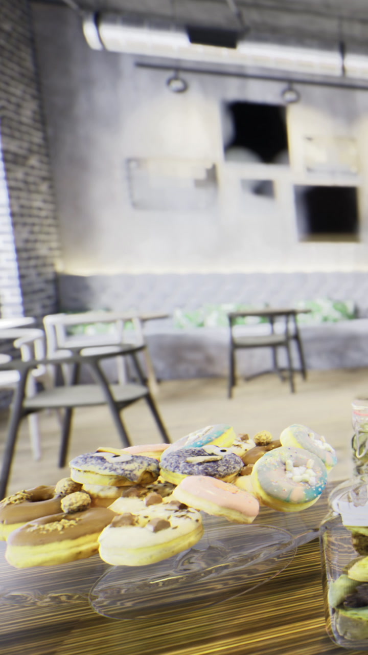 Colorful desserts placed on a tray in a cafe with modern design