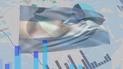 animation of graphs and data processing over flag of argentina on grey background