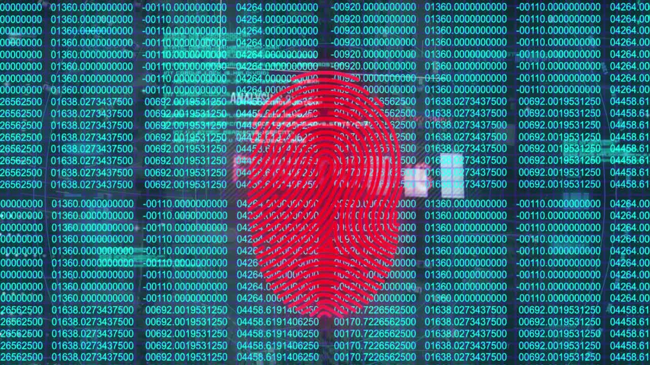 Animation of biometric fingerprint scanner over data processing against green background