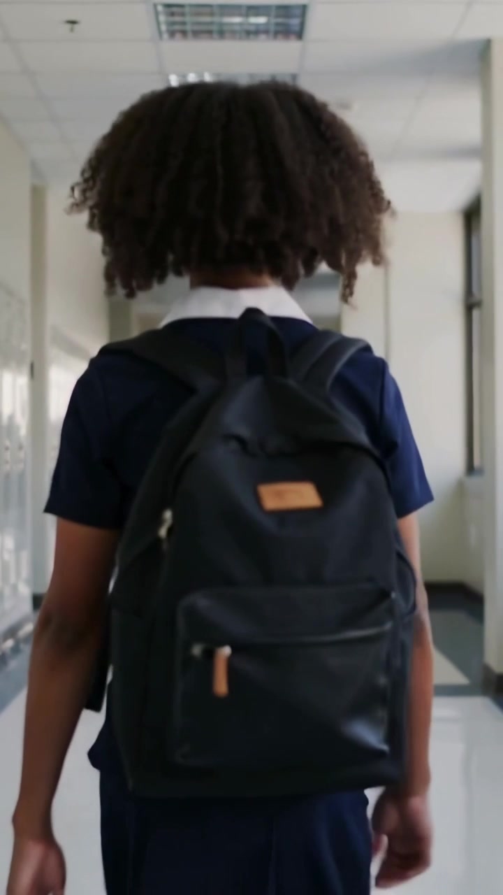 Vertical video: Walking student wearing navy uniform and black backpack down school corridor