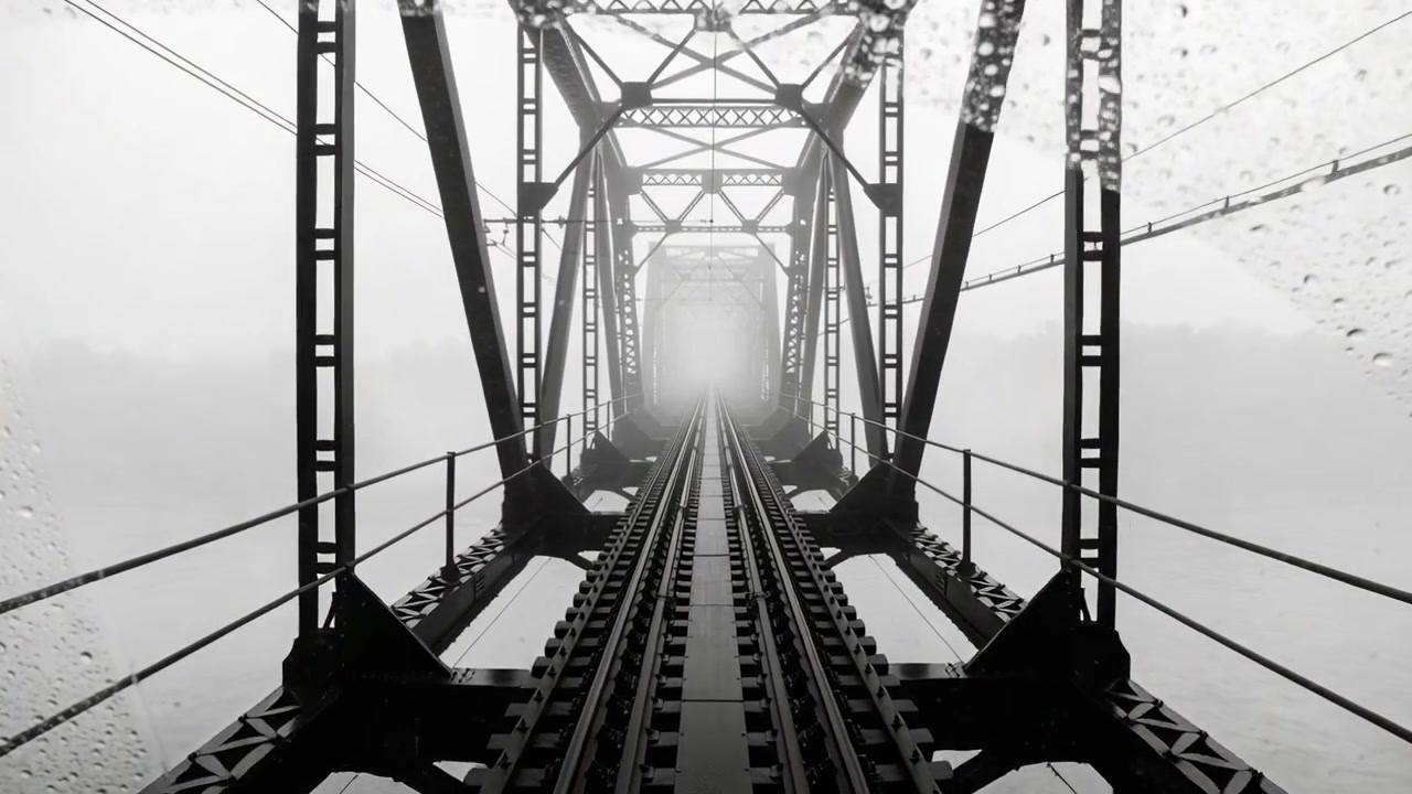 Starting engine moving cab along twin railway tracks crossing foggy truss bridge, with raindrops