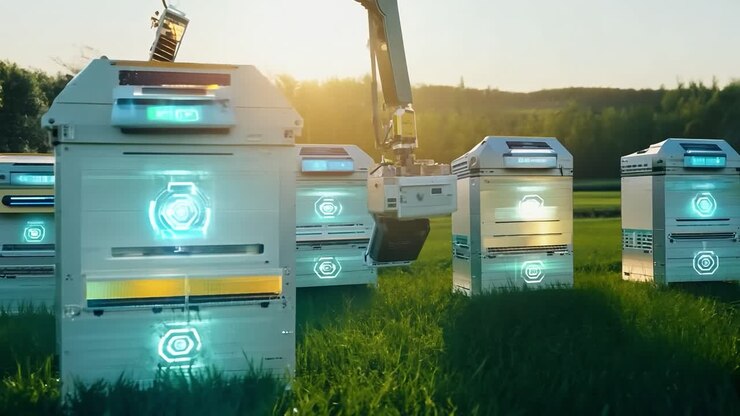 A robotic arm lifting a server in a field of data servers