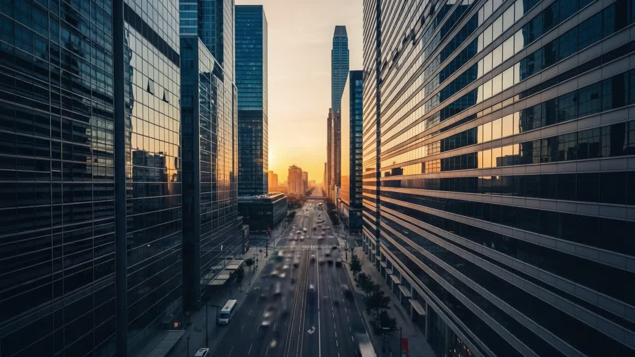 Städtischer Sonnenuntergang über einer modernen Stadtstraße mit verschwommenem Verkehr