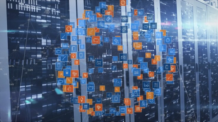 Animation of media icons and light spots over server room