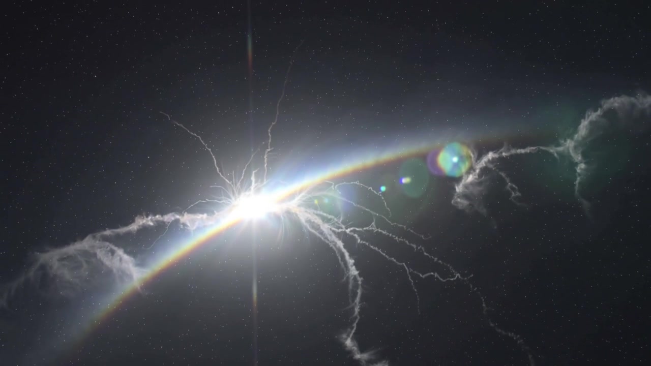 Bursting bright flare emitting filaments along planetary limb, with rainbow arc vertical streak