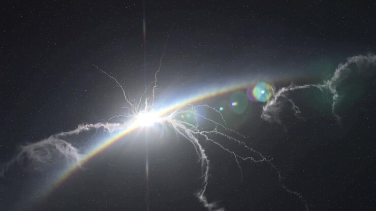 Bagliore luminoso esplosivo che emette filamenti lungo il bordo planetario, con una striscia verticale ad arco iridescente.
