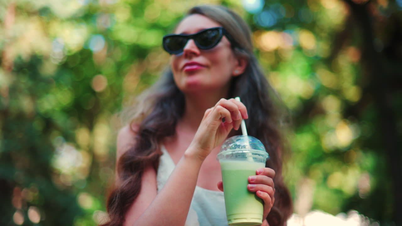 Close up of a woman drinking an iced matcha in the park, in sunlight