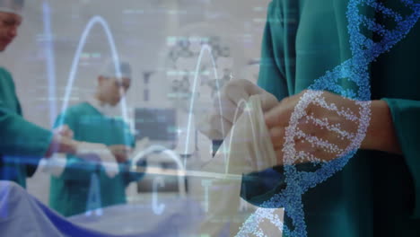 animation of dna strand and data processing over diverse surgeons in hospital
