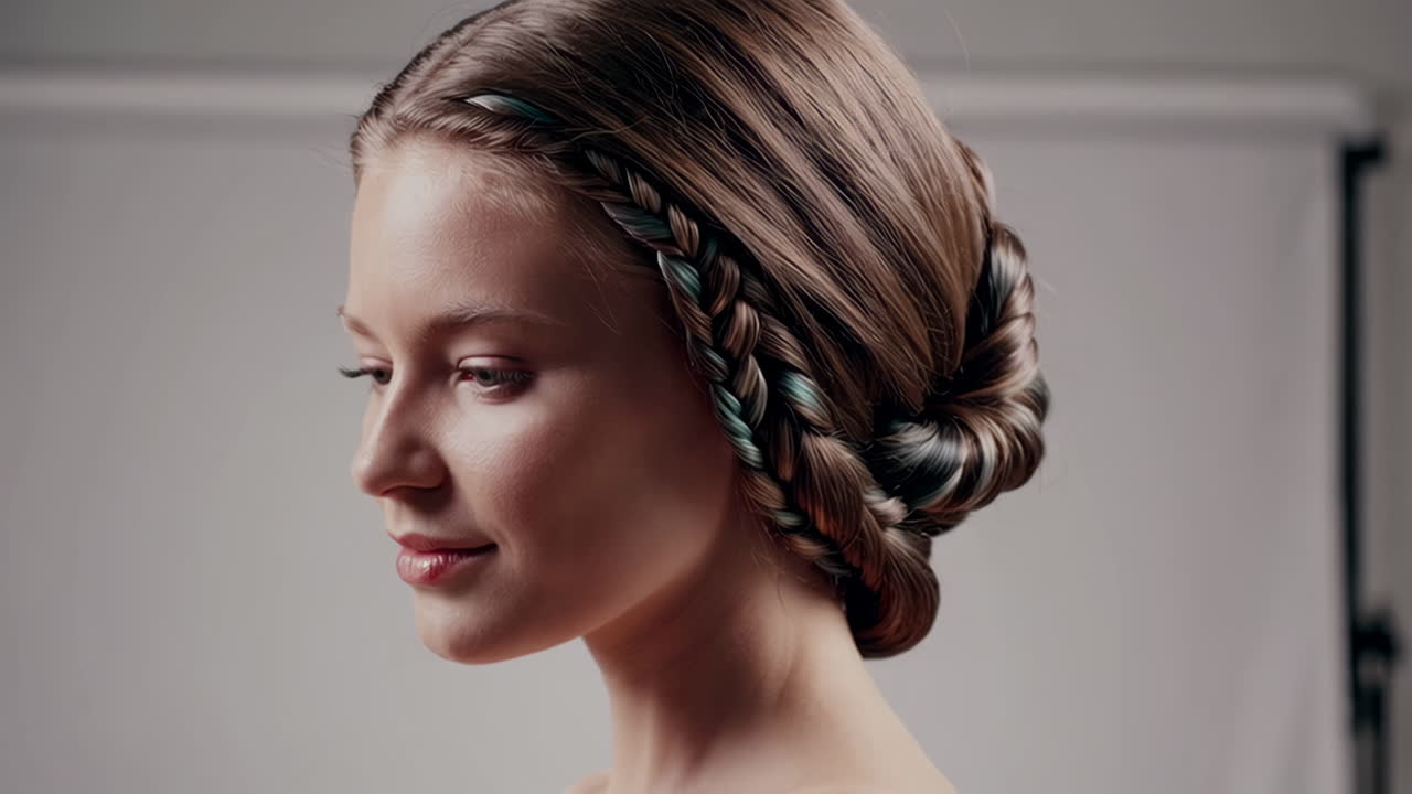 Woman with Elegant Braided Updo and Colored Hair Strands
