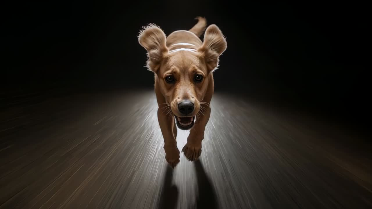 Running medium tan dog closing distance toward low camera on halo-lit floor, responding to handler