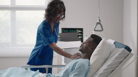 An-African-American-female-doctor-comes-to-the-patient-and-asks-about-his-condition-and-conducts-an-examination.-Diagnosis-of-symptoms-after-treatment