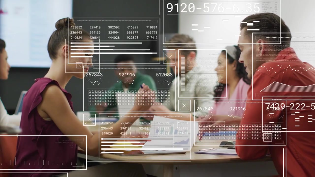 Woman and man exchanging pages, causing overlay animating while analyzing chart in business meeting