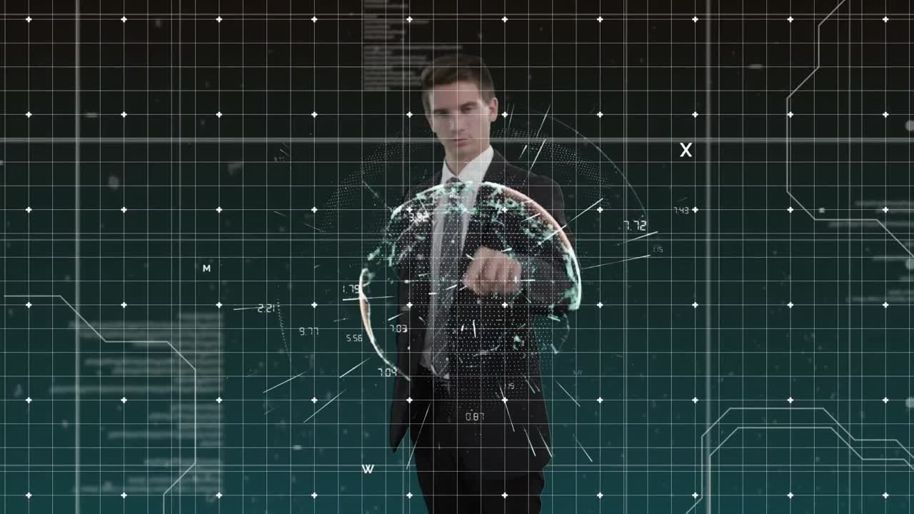 анимация обработки данных над кавказским бизнесменом