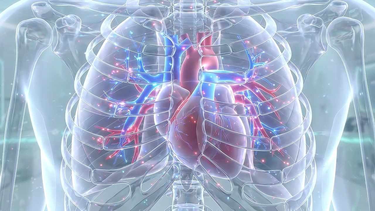 Transparent chest showing lungs heart and red blue vascular network in medical view