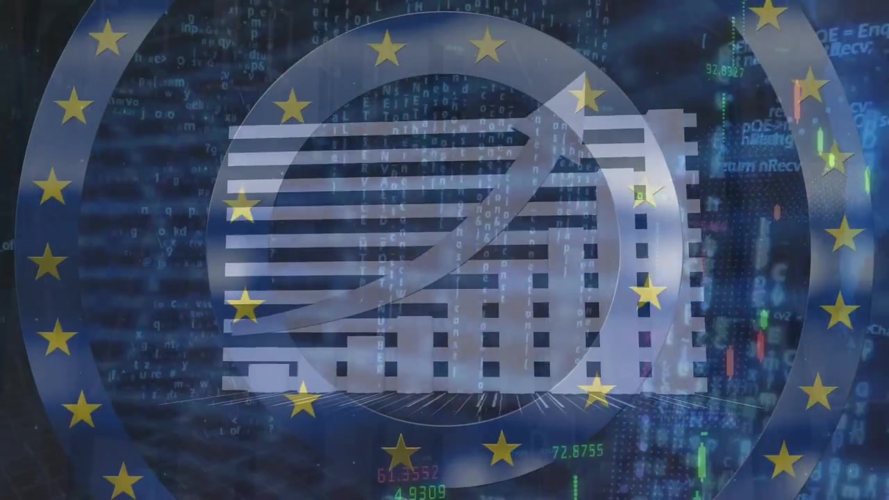 Animazione di cerchi con bandiera UE su elaborazione dati.