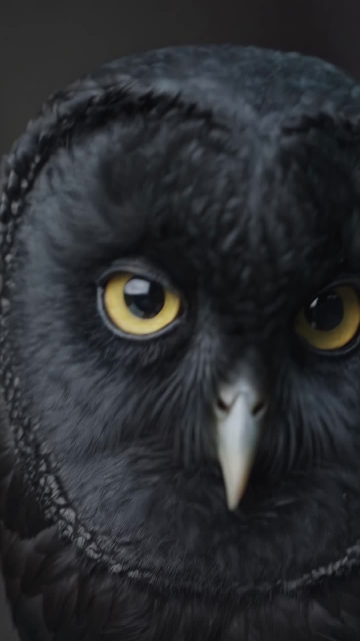Close-up video shot of a black owl's face, capturing its intense yellow eyes