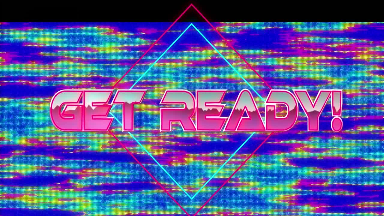 Animation of get ready text over colorful noises on blue background