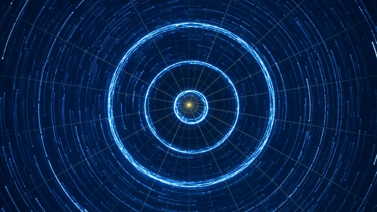 Pulsing blue rings with yellow core animating in HUD upon playback starting, visualizing signal