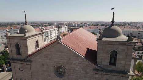 Close-up-of-Bell-towers-of-The-Cathedral-of-Castelo-Branco-also-known-as-Church-of-Saint-Michael,-Portugal