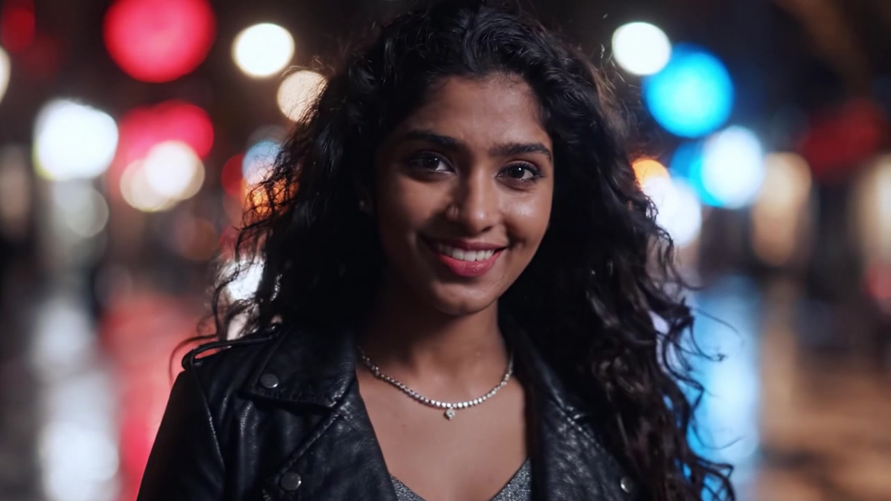 Uma jovem mulher com jaqueta de couro preta posa com confiança em um cenário urbano vibrante, refletindo a vida noturna da cidade com luzes bokeh coloridas e um sorriso acolhedor