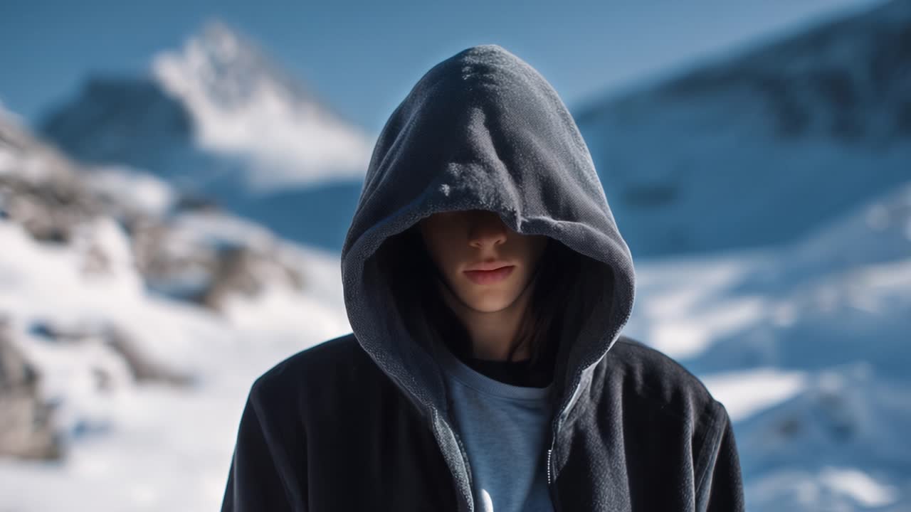 Figura Misteriosa Encoberta por Sombras se Destaca Contra um Cenário Deslumbrante de Montanhas Nevadas, Evocando Intriga e Solitude em uma Paisagem Invernal Serena