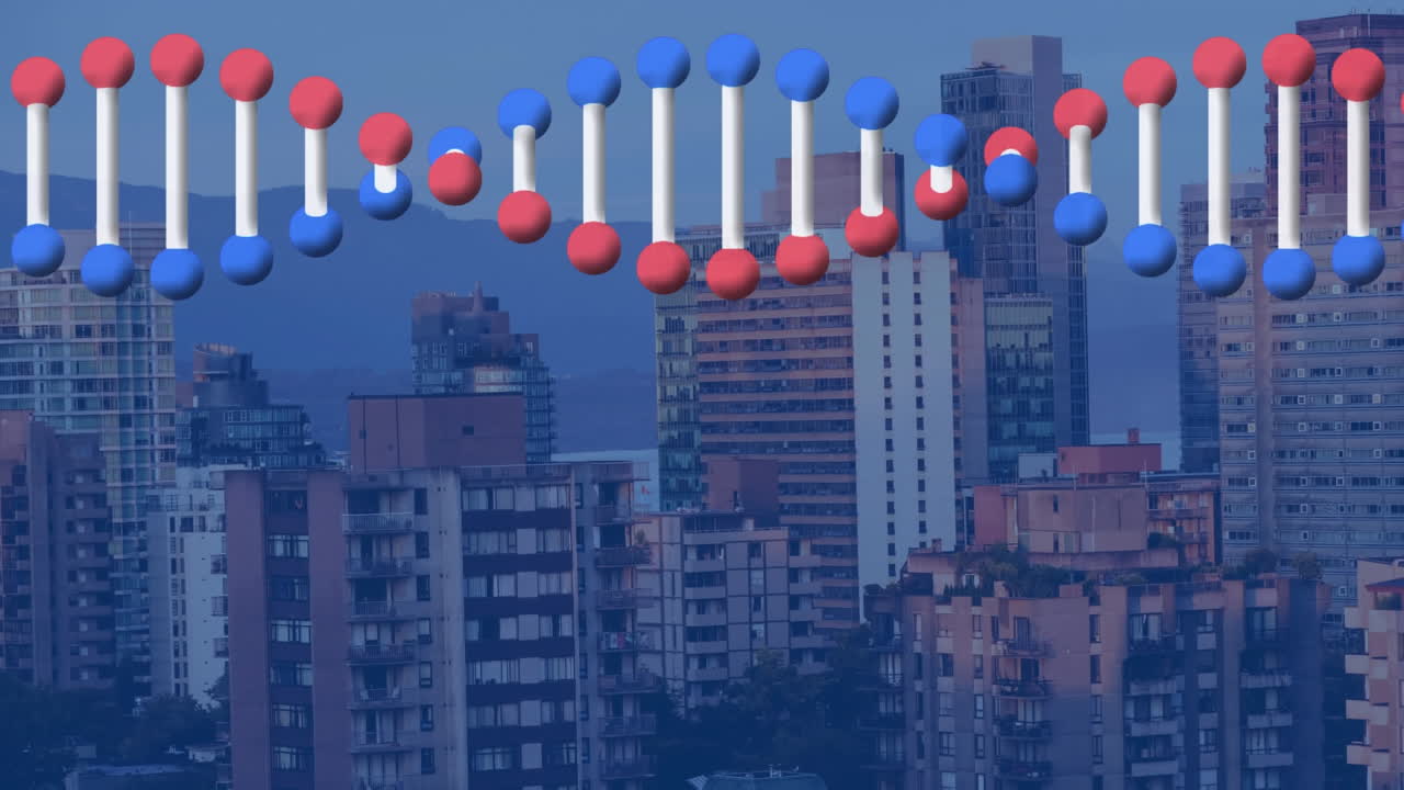 도시 풍경 위에서 회전하는 dna 가닥의 애니메이션