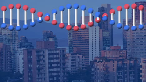 animation of dna strand spinning over cityscape