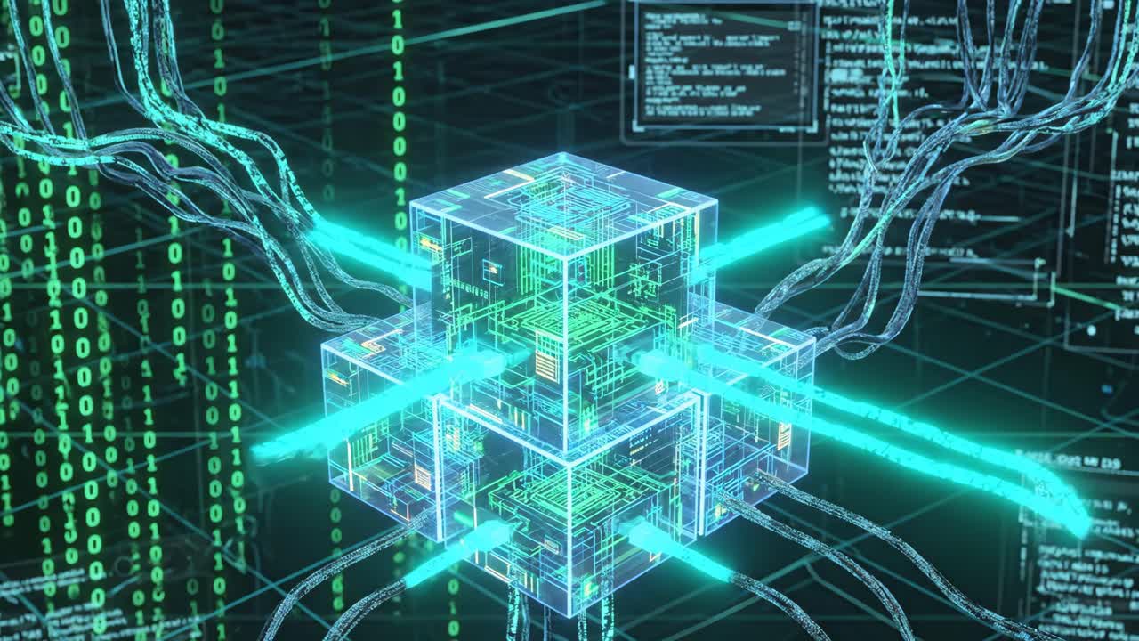 Futuristic Data Network with Glowing Cubes and Binary Code