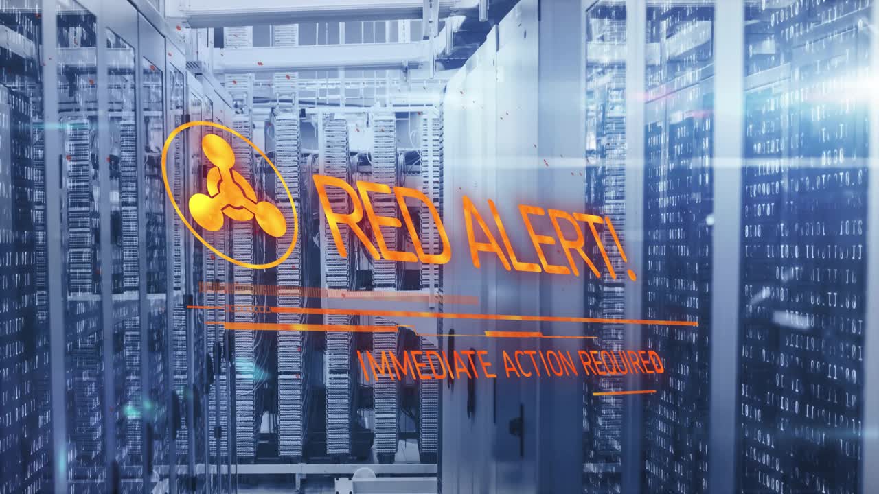 Digital warning overlay glowing on server racks, displaying binary streams and hazard icon