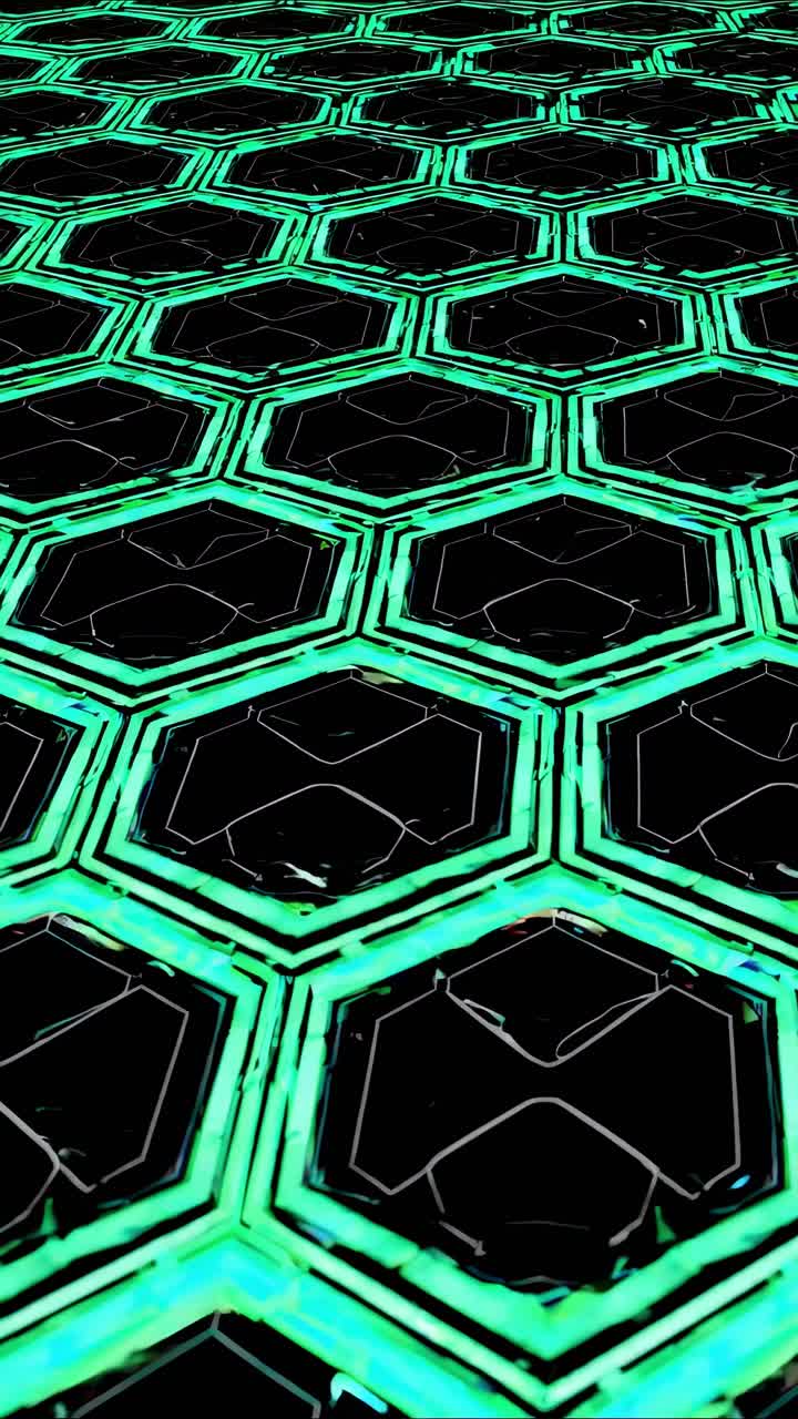 Futuristic hexagonal grid pattern with glowing green lines, captured from a low-angle perspective