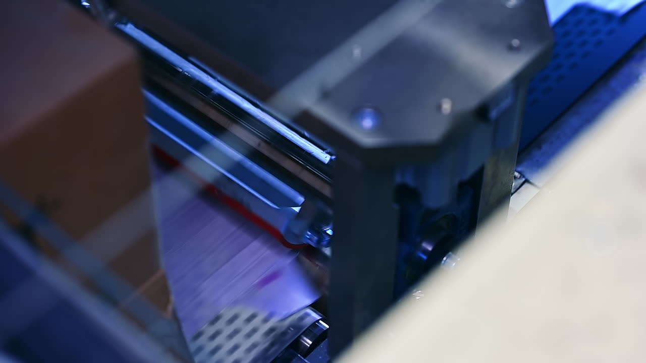 Enterprise for the production of diapers. Spinning shaft rotate and move the white layer along the conveyor line. Mechanism at work close up.