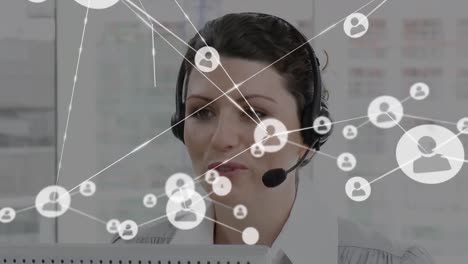Animation-of-network-of-connections-and-icons-over-businesswoman-wearing-headset