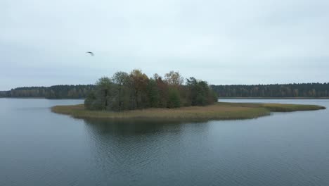 Flug-über-Die-Blaue-Oberfläche-Des-Sees-In-Richtung-Einer-Isolierten-Insel-Und-Flug-über-Drohnenschuss