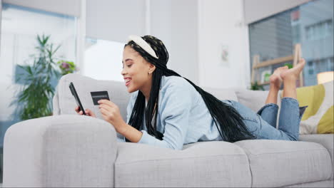 happy woman, phone and credit card in relax