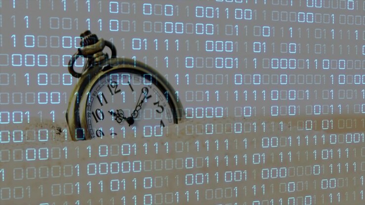Binary grid fading, pocket watch emerging left, face sharpening to reveal brass watch for contrast