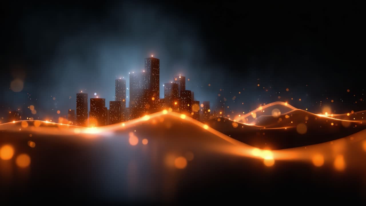 A Dreamlike Urban Landscape Illuminated by Ethereal Lights amidst a Mystical Glow and Flowing Waves Reflecting the Essence of a Vibrant Cityscape